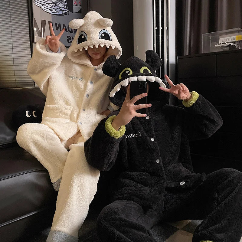 DAIMELU Toothless Boy Couple Pajamas Women's Autumn sleepwear Coral Fleece Fleece Thickened Hooded Men's Winter nightwear Set