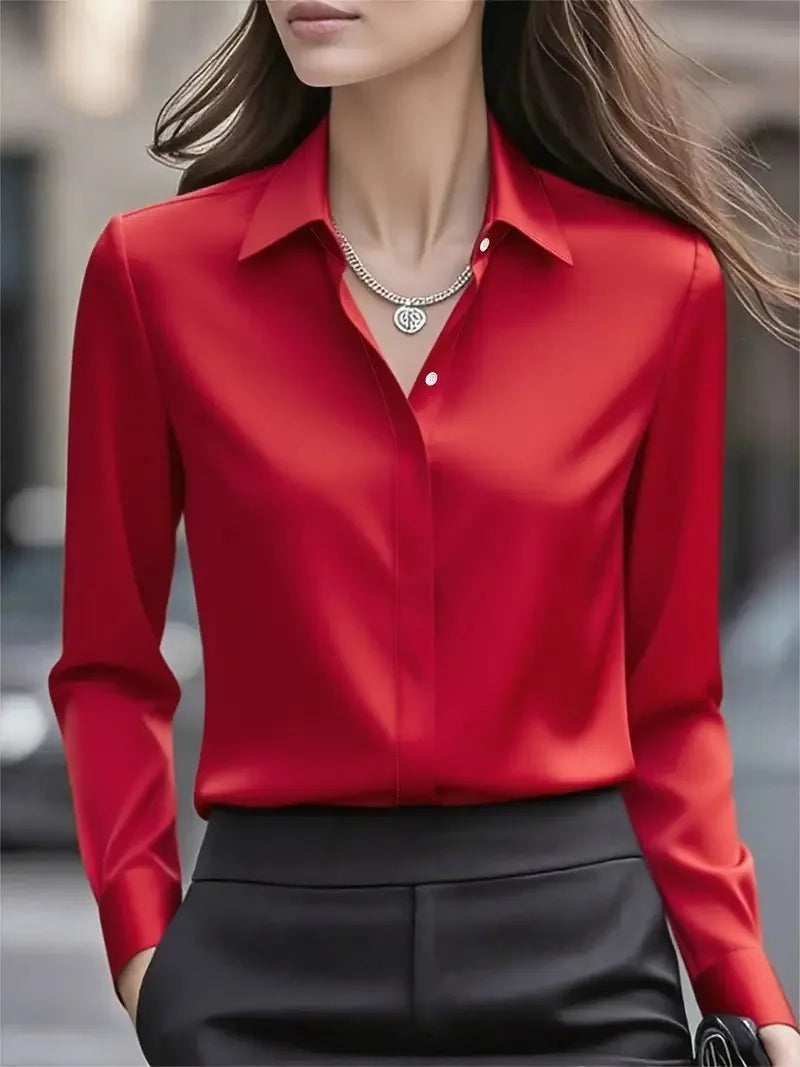 Temperamental commuting solid colour French niche lapel satin long-sleeved shirt top women