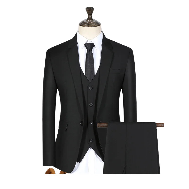 S-7XL Suit (Blazer+vest+pants) Business Dinner Gentleman Slim Gentleman Men British Style Dress Best Man Solid Color Group Suit