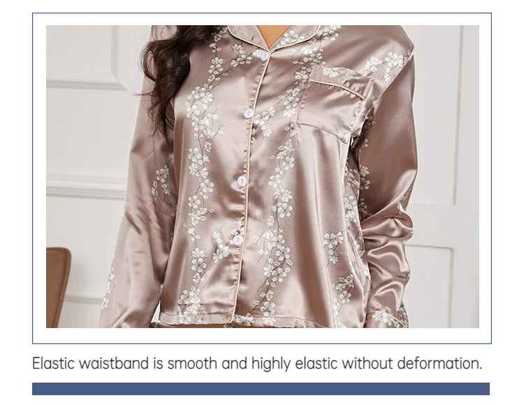 Pajamas For Women Home Clothes Autumn Satin Flower Print Sleepwear Long Sleeve Tops Pajama Pants Nightwear 2 Piece Pyjama Femme