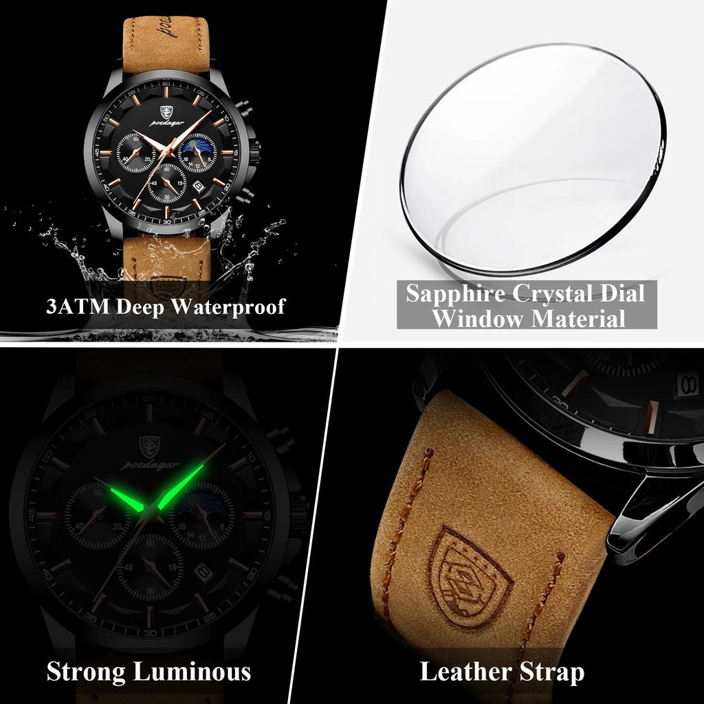 POEDAGAR Luxury Stylish Male Wristwatch Waterproof Chronograph Luminous Date Man Watch Leather Quartz Sports Men's Watches Reloj