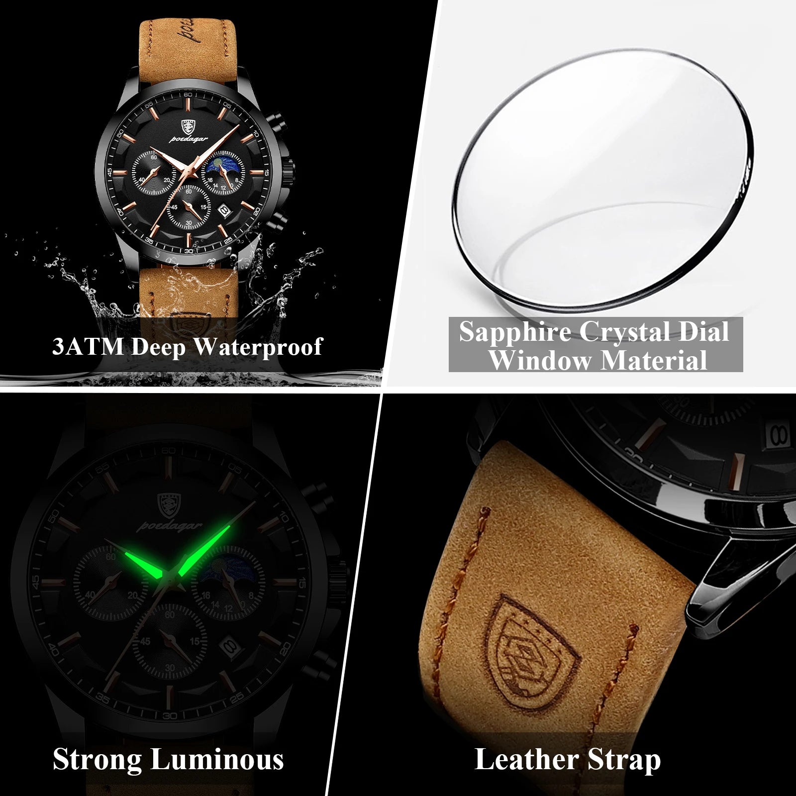 POEDAGAR Luxury Stylish Male Wristwatch Waterproof Chronograph Luminous Date Man Watch Leather Quartz Sports Men's Watches Reloj