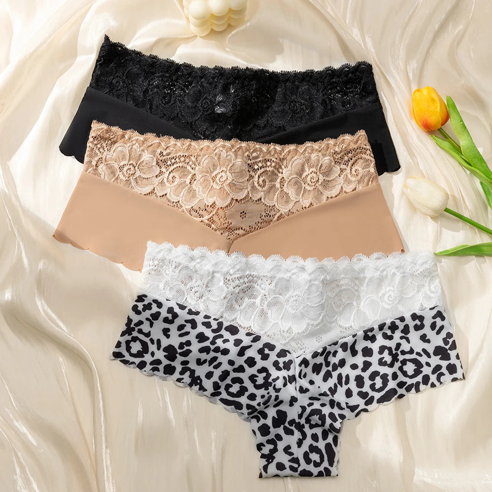 Women's 3 Pieces Panties Sexy Leopard Lace Lingerie Woman Underwear Ladies Underpants Solid Color Woman Clothing Knickers