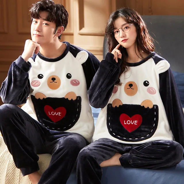 Couples Pajamas Sets Women Men Winter Thicken Pyjamas Sleepwear Cartoon Dinosaur Korean Lovers Homewear Soft Warm Pijama Hoodies