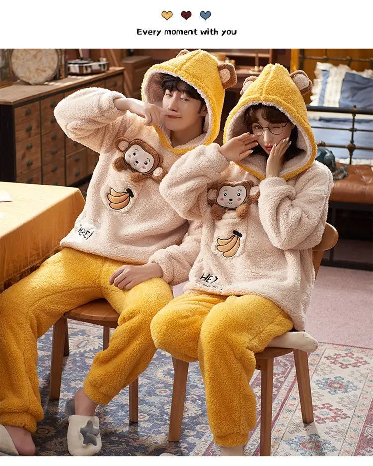 Couples Pajamas Women Men Winter Thicken Pyjamas Sleepwear Cartoon Dinosaur Korean Lovers Homewear Soft Warm Hoodies Pijama