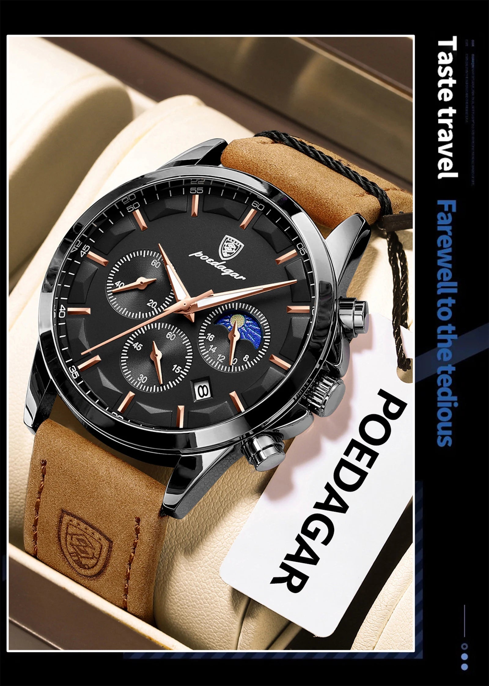 POEDAGAR Luxury Stylish Male Wristwatch Waterproof Chronograph Luminous Date Man Watch Leather Quartz Sports Men's Watches Reloj