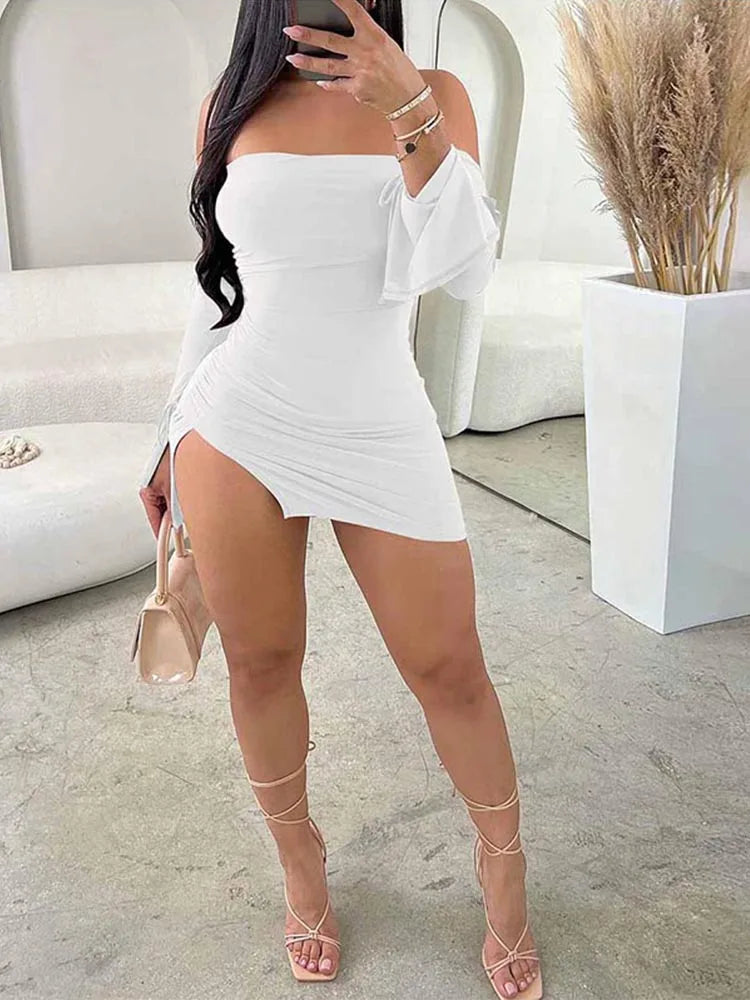 Women's Black Strapless Backless Mini Dress Off-Shoulder Long Sleeve Bodycon Club Party Dress for Women