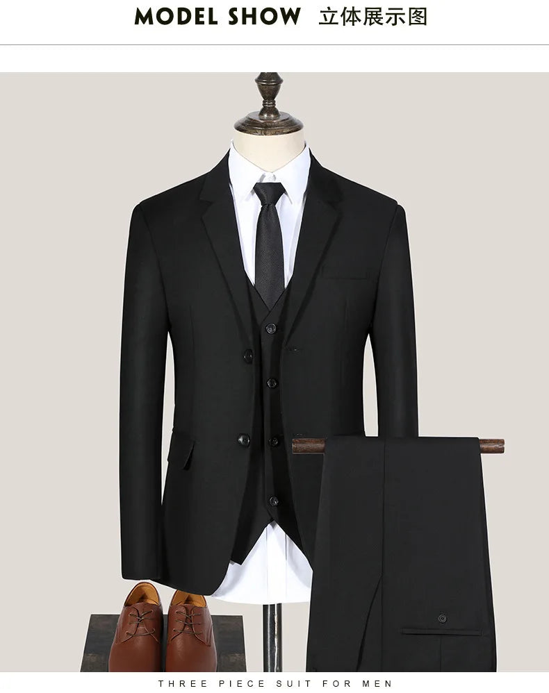 S-7XL Suit (Blazer+vest+pants) Business Dinner Gentleman Slim Gentleman Men British Style Dress Best Man Solid Color Group Suit