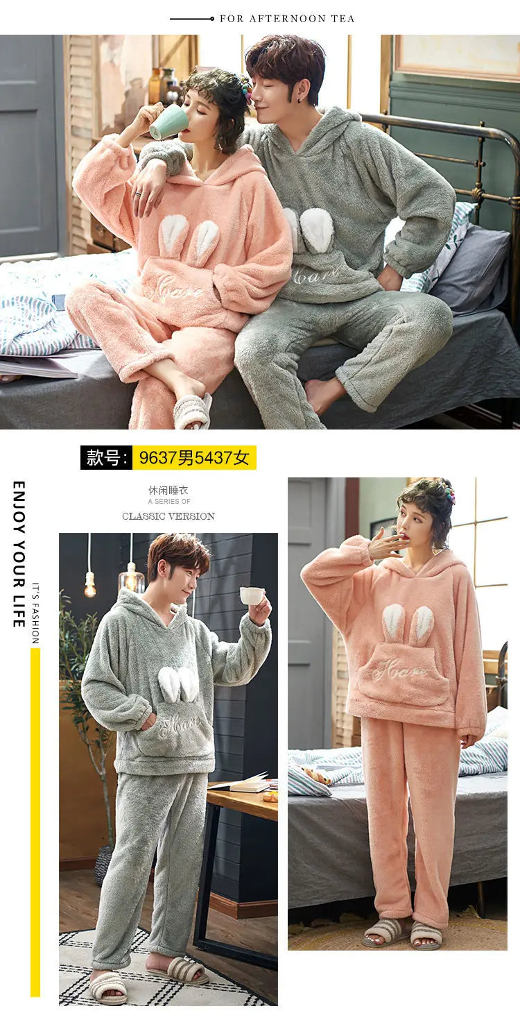 Couples Pajamas Women Men Winter Thicken Pyjamas Sleepwear Cartoon Dinosaur Korean Lovers Homewear Soft Warm Hoodies Pijama