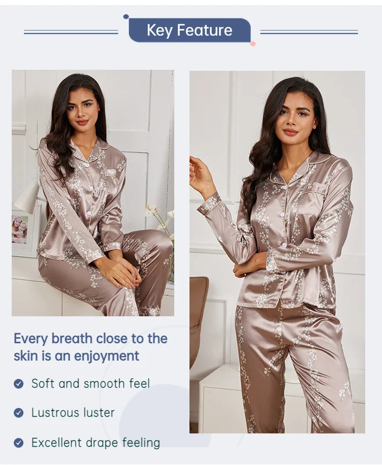 Pajamas For Women Home Clothes Autumn Satin Flower Print Sleepwear Long Sleeve Tops Pajama Pants Nightwear 2 Piece Pyjama Femme