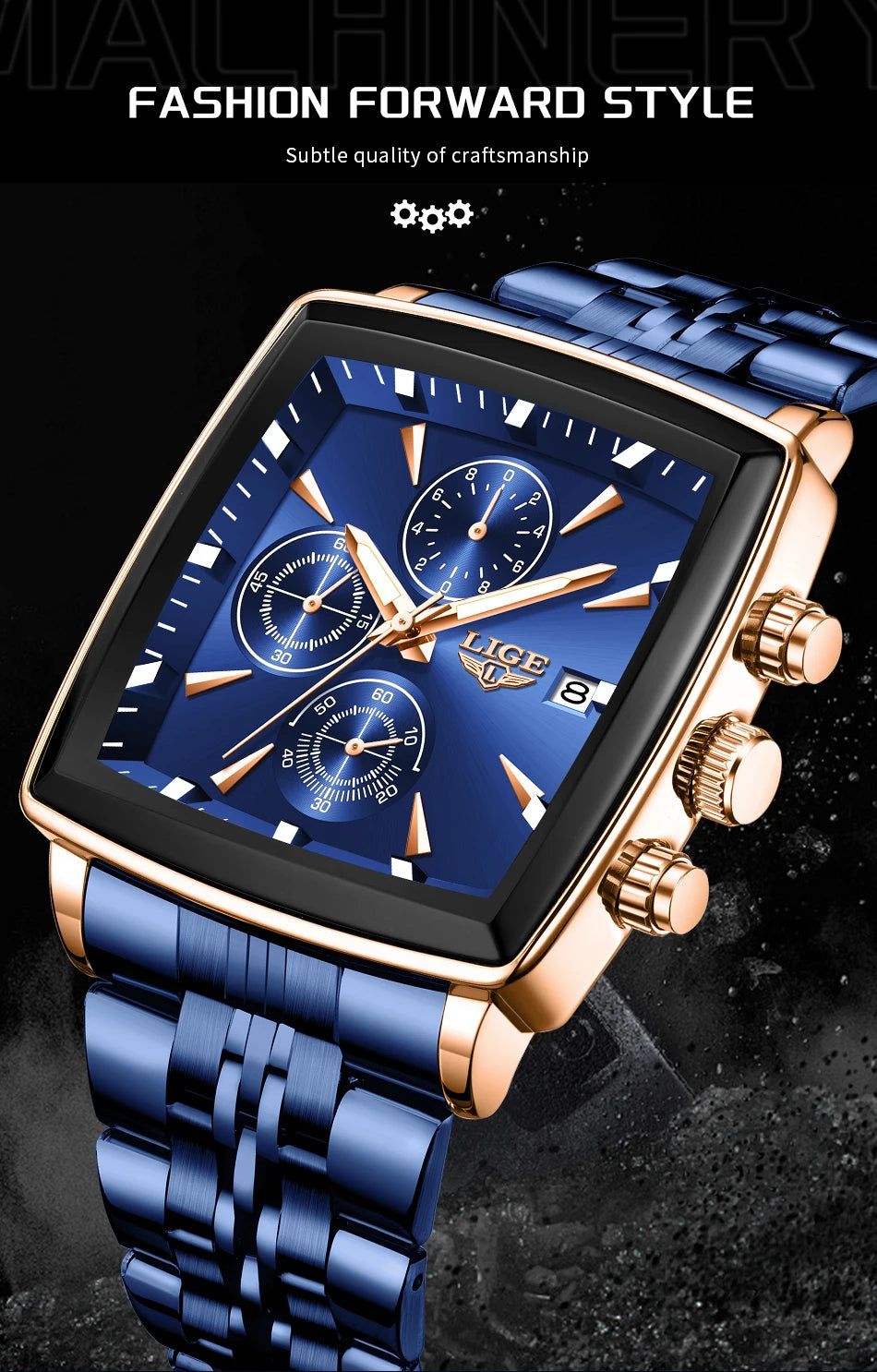 LIGE New Luxury Business Men Wristwatch Chronograph Waterproof Luminous Calendar Watch For Men Square Quartz Men's Watches Reloj