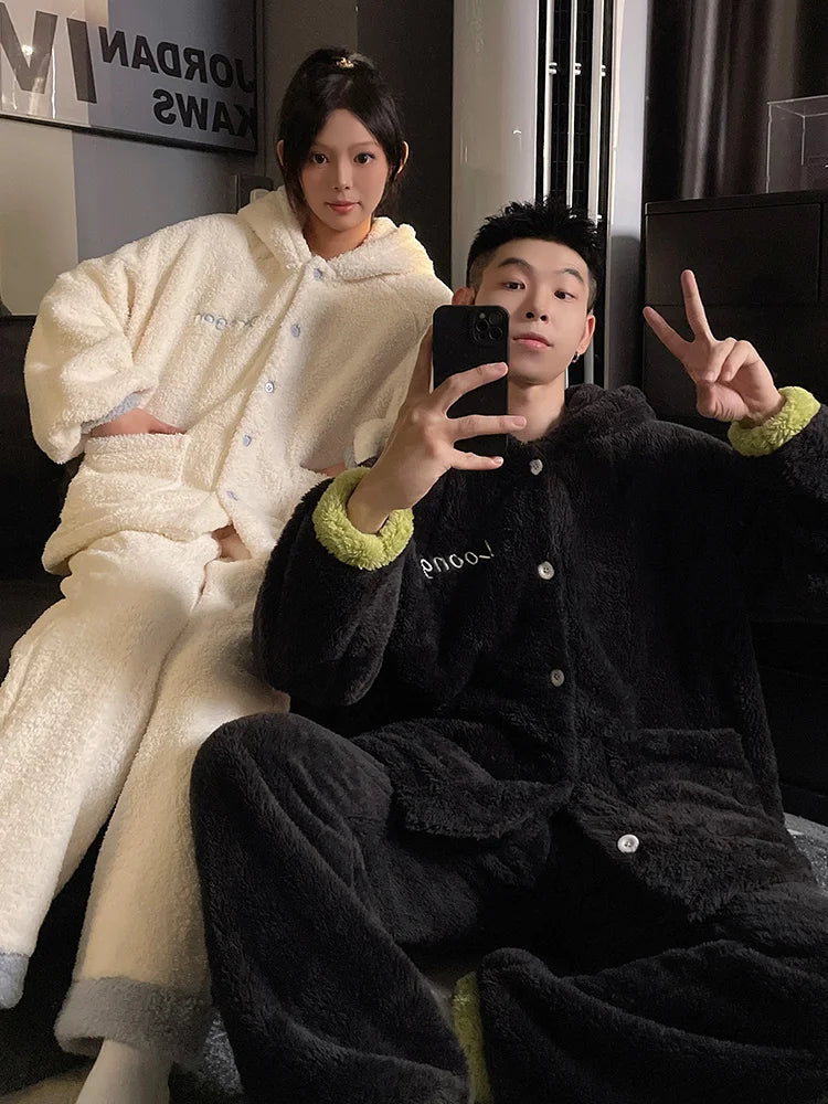 DAIMELU Toothless Boy Couple Pajamas Women's Autumn sleepwear Coral Fleece Fleece Thickened Hooded Men's Winter nightwear Set