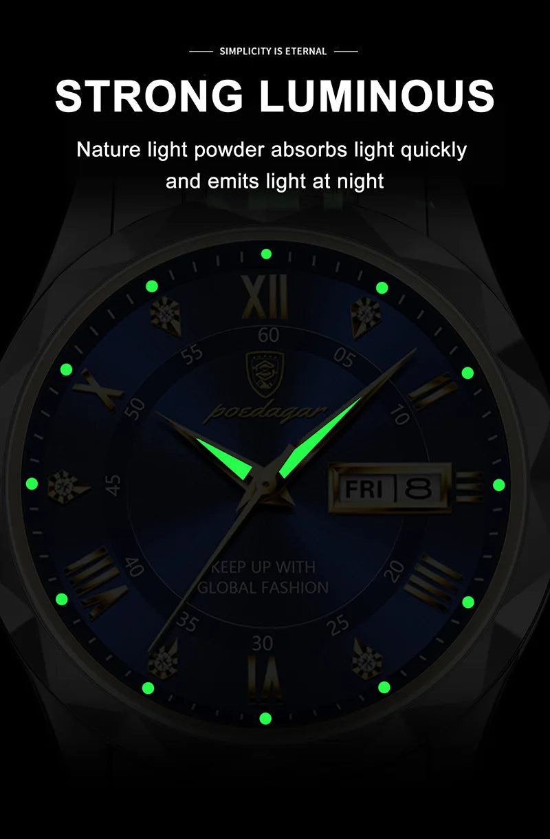 POEDAGAR Watch For Men Top Luxury Quartz Business Stainless Steel Waterproof Night Light Dating Male Watches Reloj Hombre