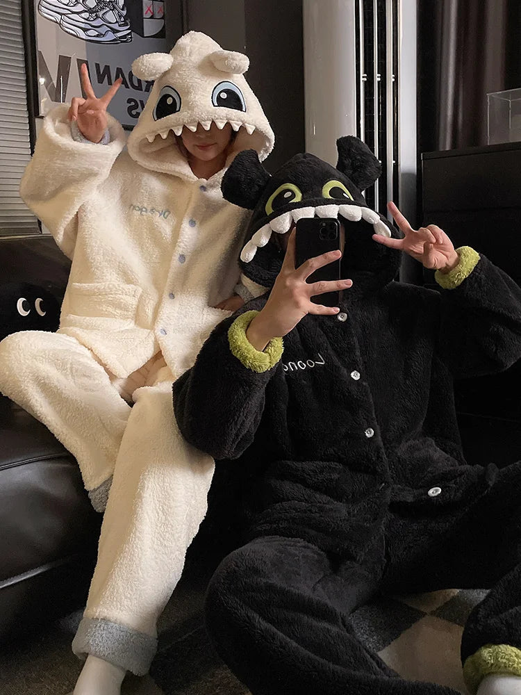 DAIMELU Toothless Boy Couple Pajamas Women's Autumn sleepwear Coral Fleece Fleece Thickened Hooded Men's Winter nightwear Set