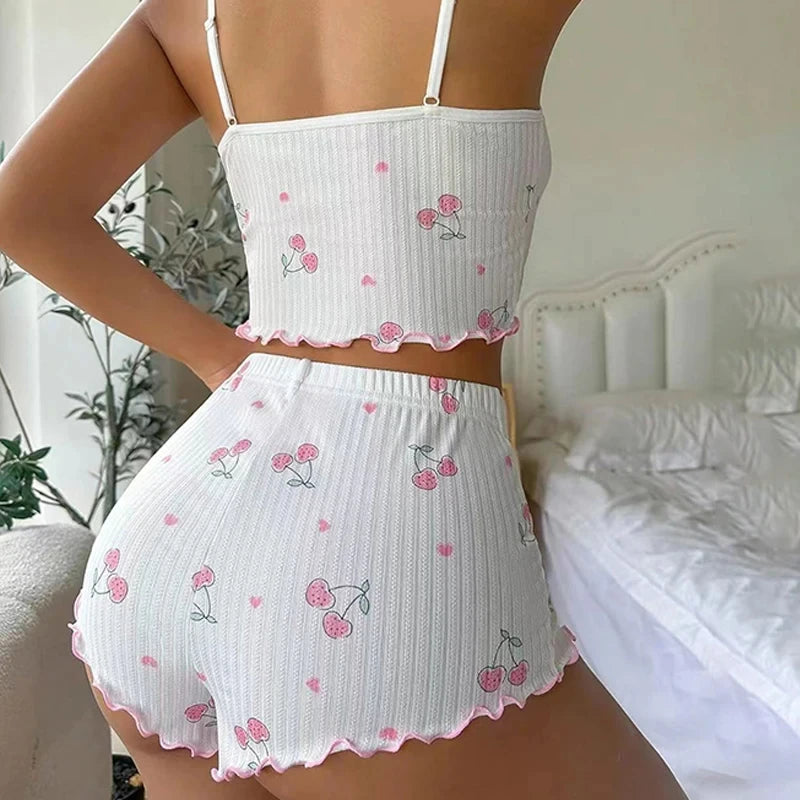 Sleepwear Women's Summer Pajama Set Heart Print Sexy Ribbed Bow Decor Round Neck Backless Crop Cami Top & Shorts Nightwear