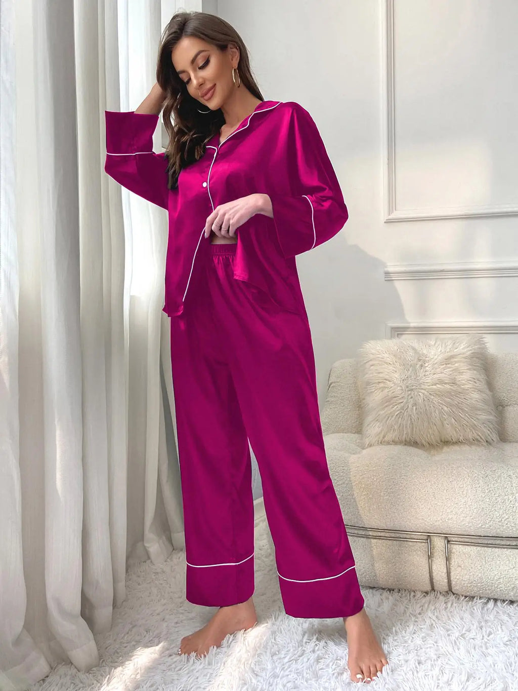 Women's Pajama Set Sleepwear Suit Loungewear Pj Set Satin Long Sleeve Tops With Pants 2 Pieces Pjs Pajamas for Women Pyjama