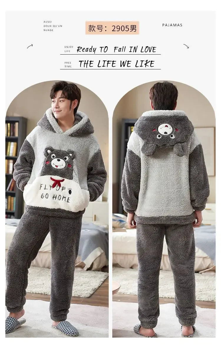 Couples Pajamas Women Men Winter Thicken Pyjamas Sleepwear Cartoon Dinosaur Korean Lovers Homewear Soft Warm Hoodies Pijama