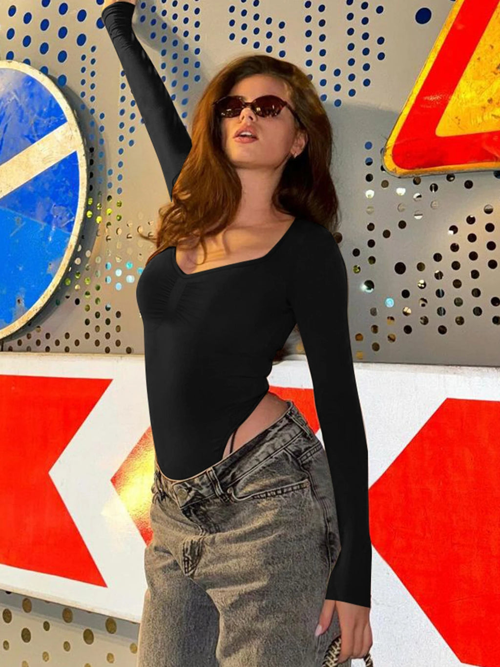 Dulzura O-Neck Long Sleeve Shirring Slim Bodysuit Women'S Solid Casual Versatile Romper Party Club Street Autumn Winter Clothes