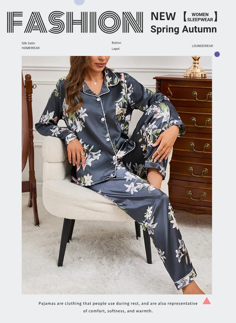 Pajamas For Women Home Clothes Autumn Satin Flower Print Sleepwear Long Sleeve Tops Pajama Pants Nightwear 2 Piece Pyjama Femme