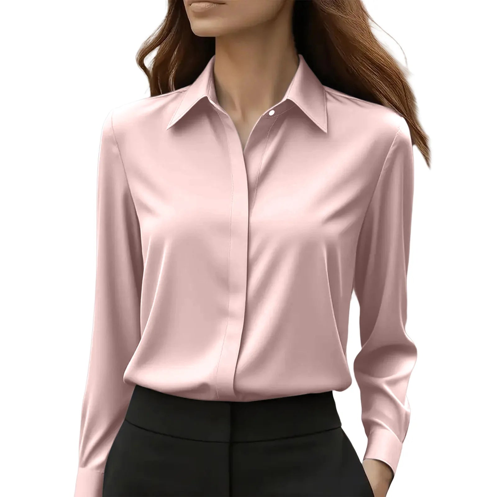 Temperamental commuting solid colour French niche lapel satin long-sleeved shirt top women