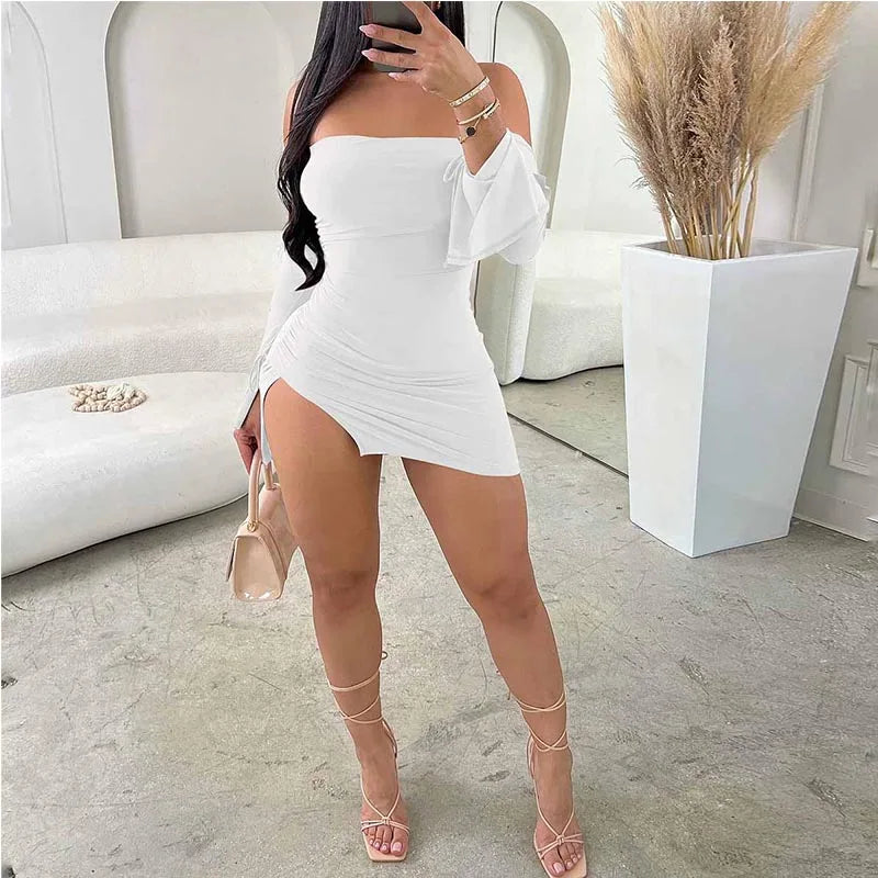 Women's Black Strapless Backless Mini Dress Off-Shoulder Long Sleeve Bodycon Club Party Dress for Women