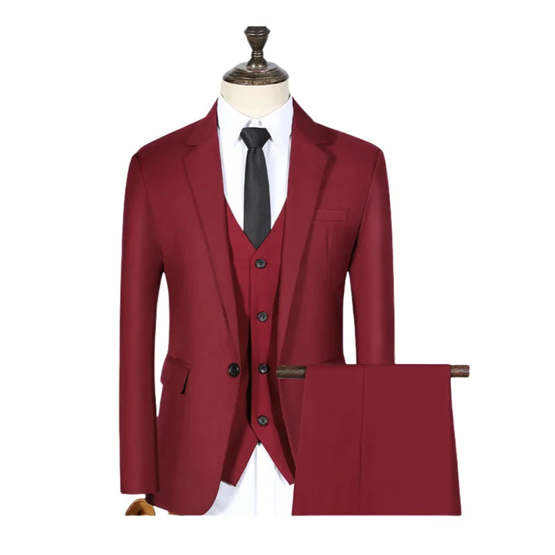 S-7XL Suit (Blazer+vest+pants) Business Dinner Gentleman Slim Gentleman Men British Style Dress Best Man Solid Color Group Suit