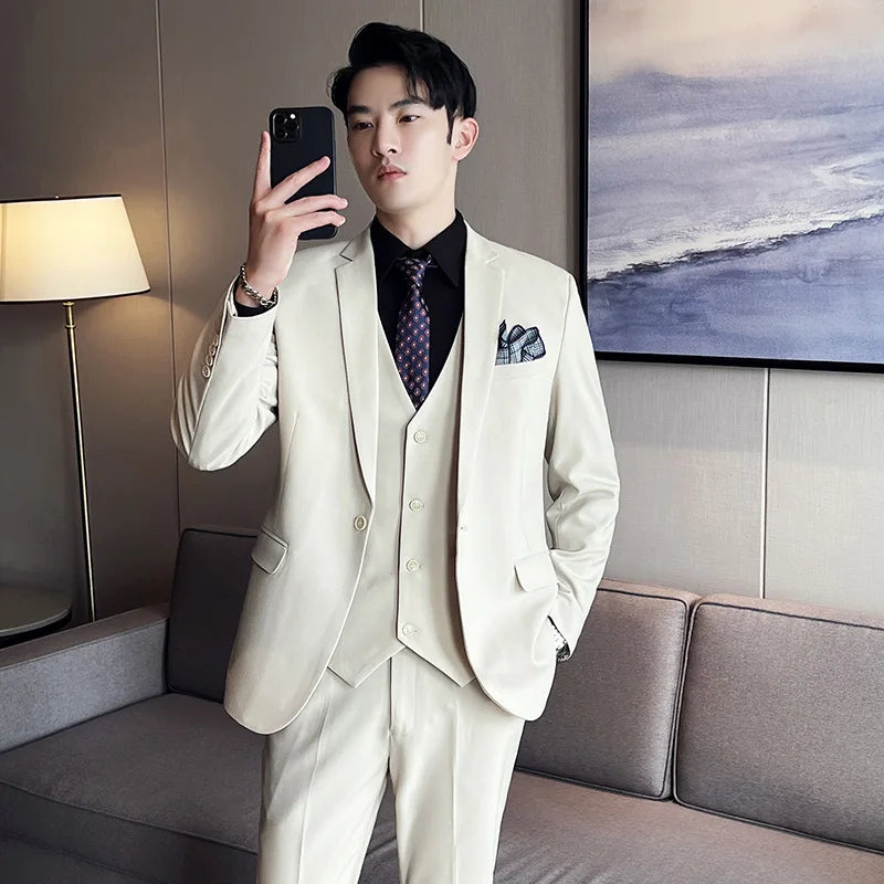 High quality fashion business (suit + vest + trousers) British style men's casual boutique handsome three-piece set