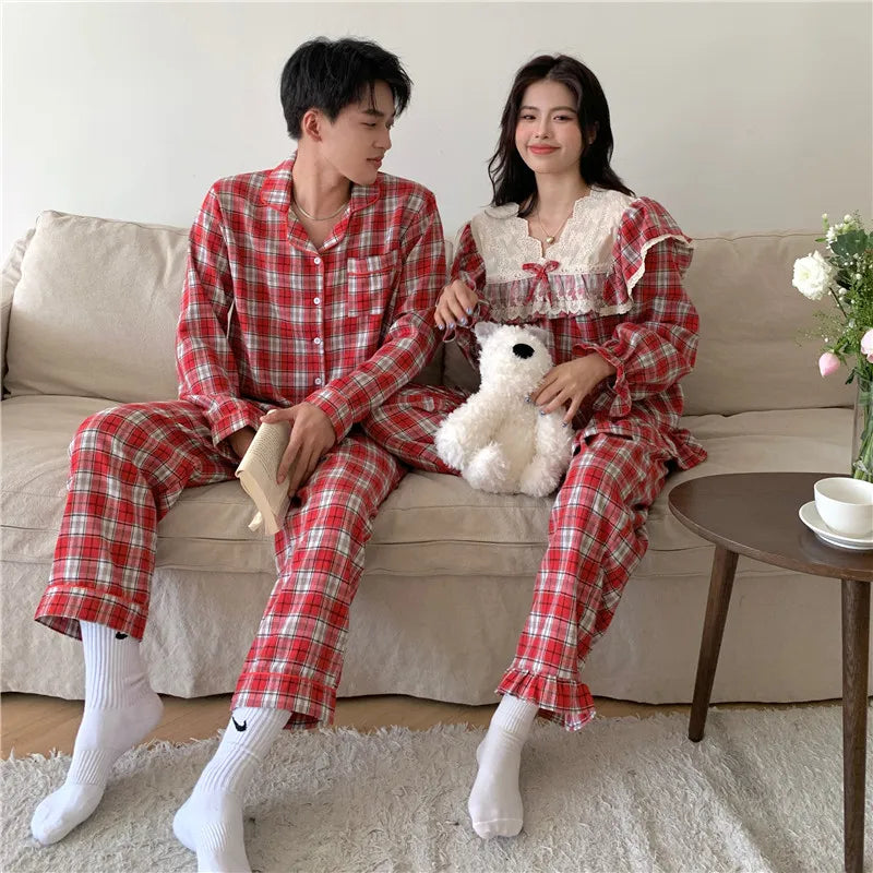 Loose Casual Couple Pajamas Sweet Lace Vintage Red Plaid  Thick  Nightwear Autumn Winter Princess Style Christmas Homewear D711