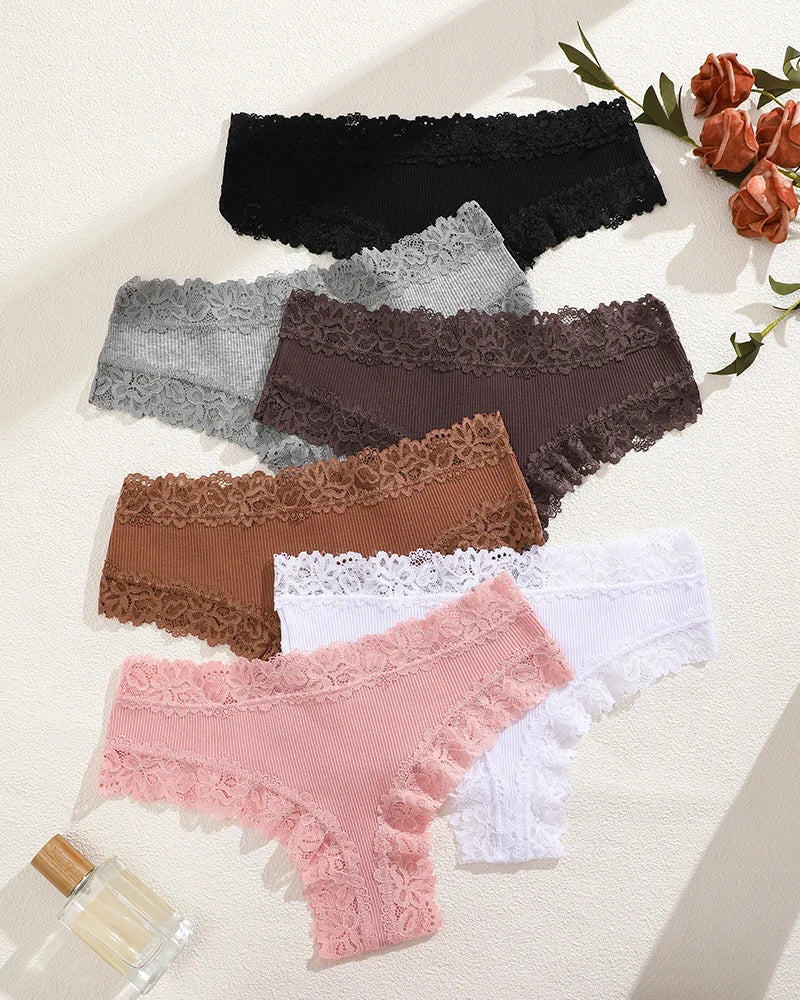 6PCS/Set Sexy Lace Cotton Panties Women Brazilian Panties Ladies Sexy Low Waist Elastic T-Back Bikini Solid Soft Lingerie S-XL