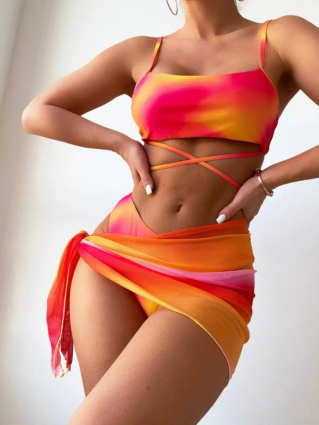 Tie Dye Bikini Swimsuit Women's Three Piece Set Mesh Skirt Split Body Suspender Fashionable Swimsuit Padded Bikini Set Swimwear