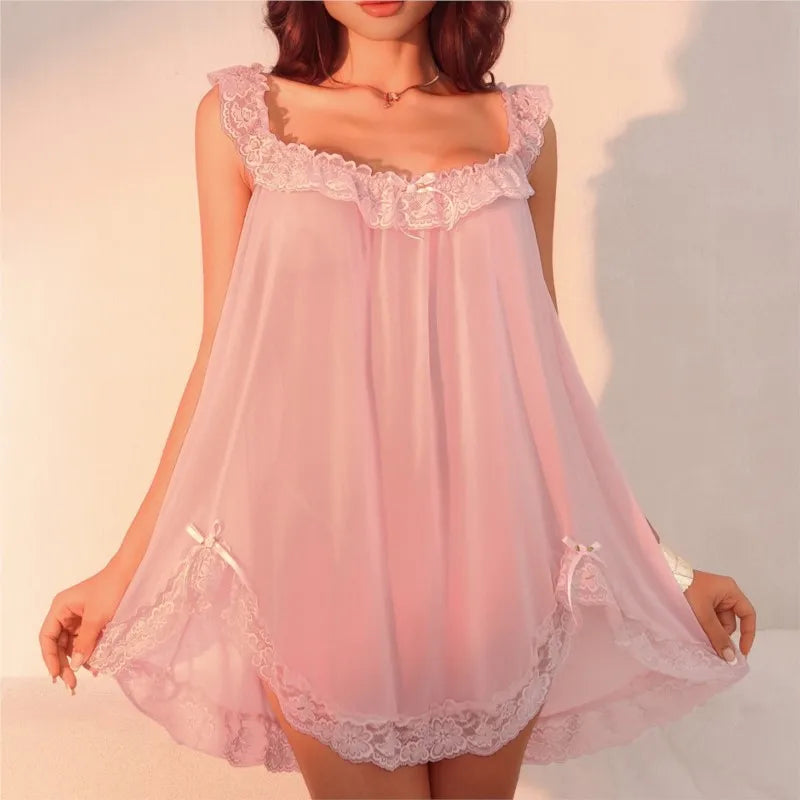 Women Nightdress Sexy Sleeveless Lace Trim Sleep Dress Sleepwear Loungewear With Briefs Ladies Erotic Dresses Sexy Woman