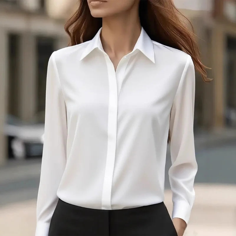 Autumn Solid Color Long-sleeved Versatile Shirt Lapel Satin Shirt