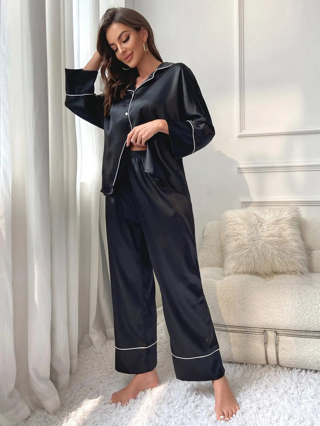 Women's Pajama Set Sleepwear Suit Loungewear Pj Set Satin Long Sleeve Tops With Pants 2 Pieces Pjs Pajamas for Women Pyjama
