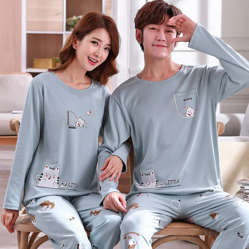 Couple's Pijama Sets M-3XL Autumn Spring Pajamas Lovely Cartoon Sleepwear Cotton Pyjamas For Women Man Top Pant Leisure Outwear