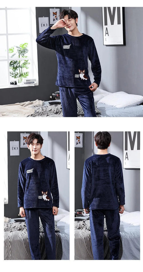Autumn Winter New Coral Fleece Pajamas for Man Round Neck Long Sleeve Lounge Sets Man 2 Piece Fashion Printing Home Suit for Man