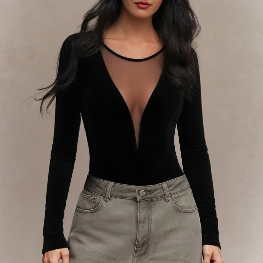 Women'S T-Shirts Autumn Fitting Slim Black See-Through Long Sleeve Round-Neck Fashion Sexy T-Shirts