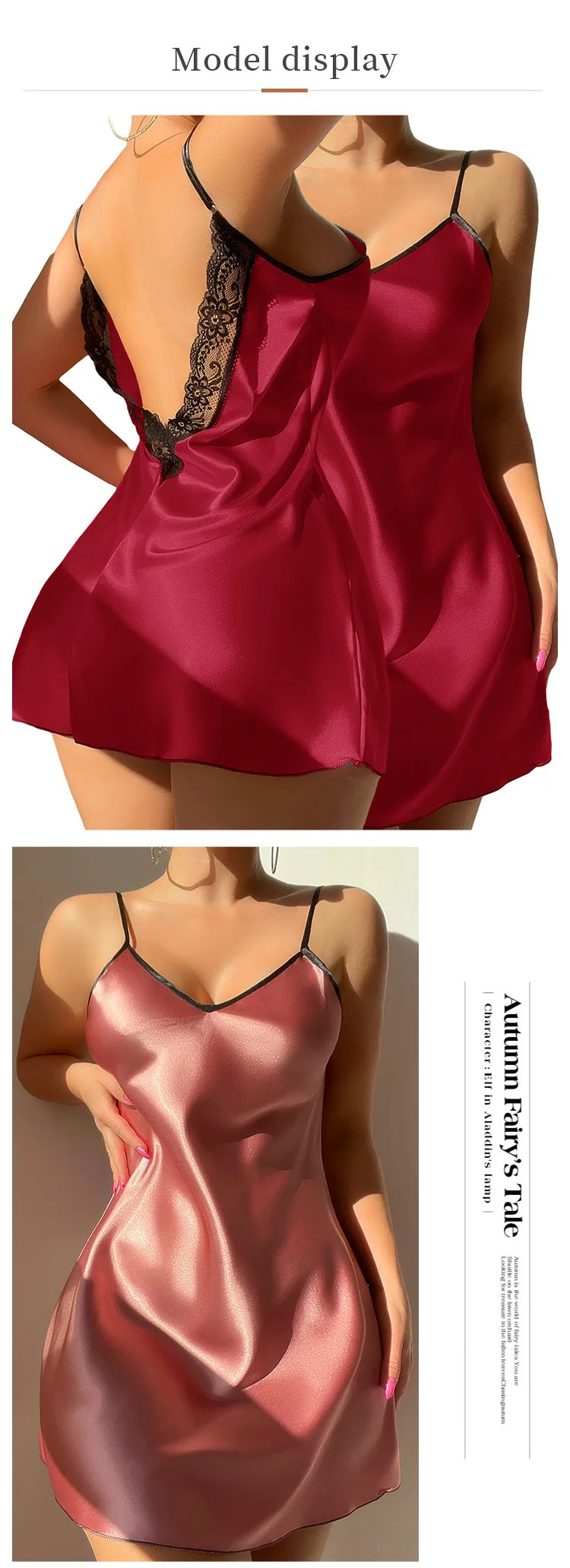 Sexy Female Lingerie Nightgown Patchwork Lace Backless Spaghetti Strap Nightdress Sleepwear Silky Satin Lounge Wear Home Dress