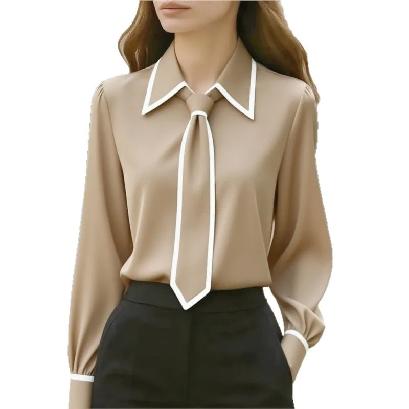 Women's Shirt Formal Bow Tie Long-sleeved Office Lady Shirt Women Fashionable Solid Color Autumn Shirt Blouses White Tops