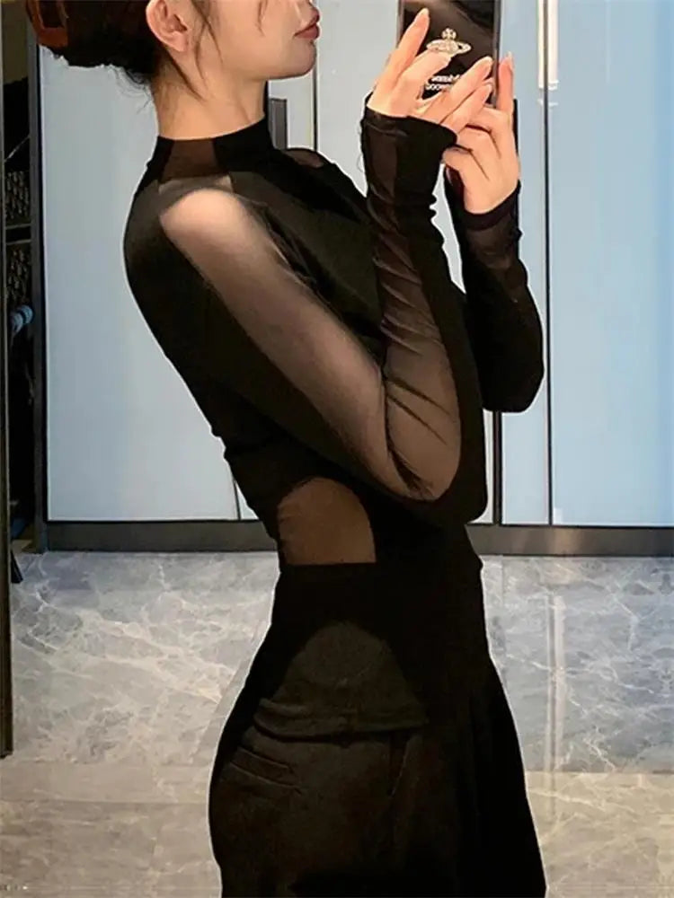 Sexy Hollow-out Mesh Patchwork Black Top for Women's Autumn Chic Long Sleeved T-shirt See Through Trend Club