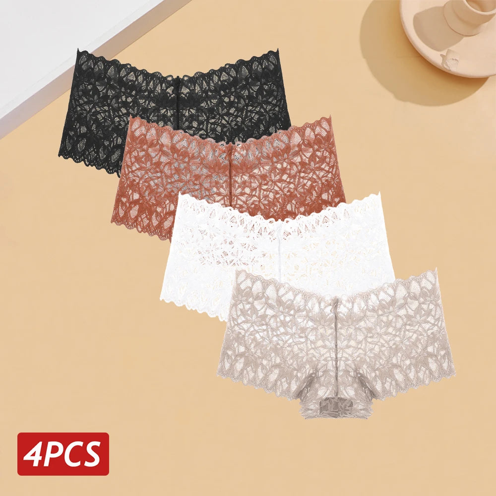 4PCS Women Floral Lace Panties Sexy Perspective Underwear V Waist Solid Color Underpants Female Breathable Intimates Lingerie