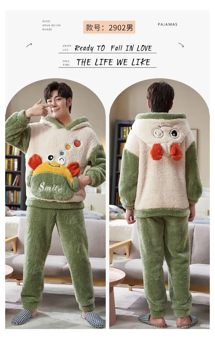 Couples Pajamas Women Men Winter Thicken Pyjamas Sleepwear Cartoon Dinosaur Korean Lovers Homewear Soft Warm Hoodies Pijama