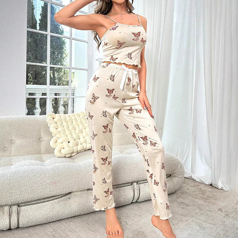 Women's Pajama Set Soft&Comfortable Home Clothes Pyjama Femme Floral Print Round Neck Frill Trim Cami Top & Pants Lounge 2 Piece