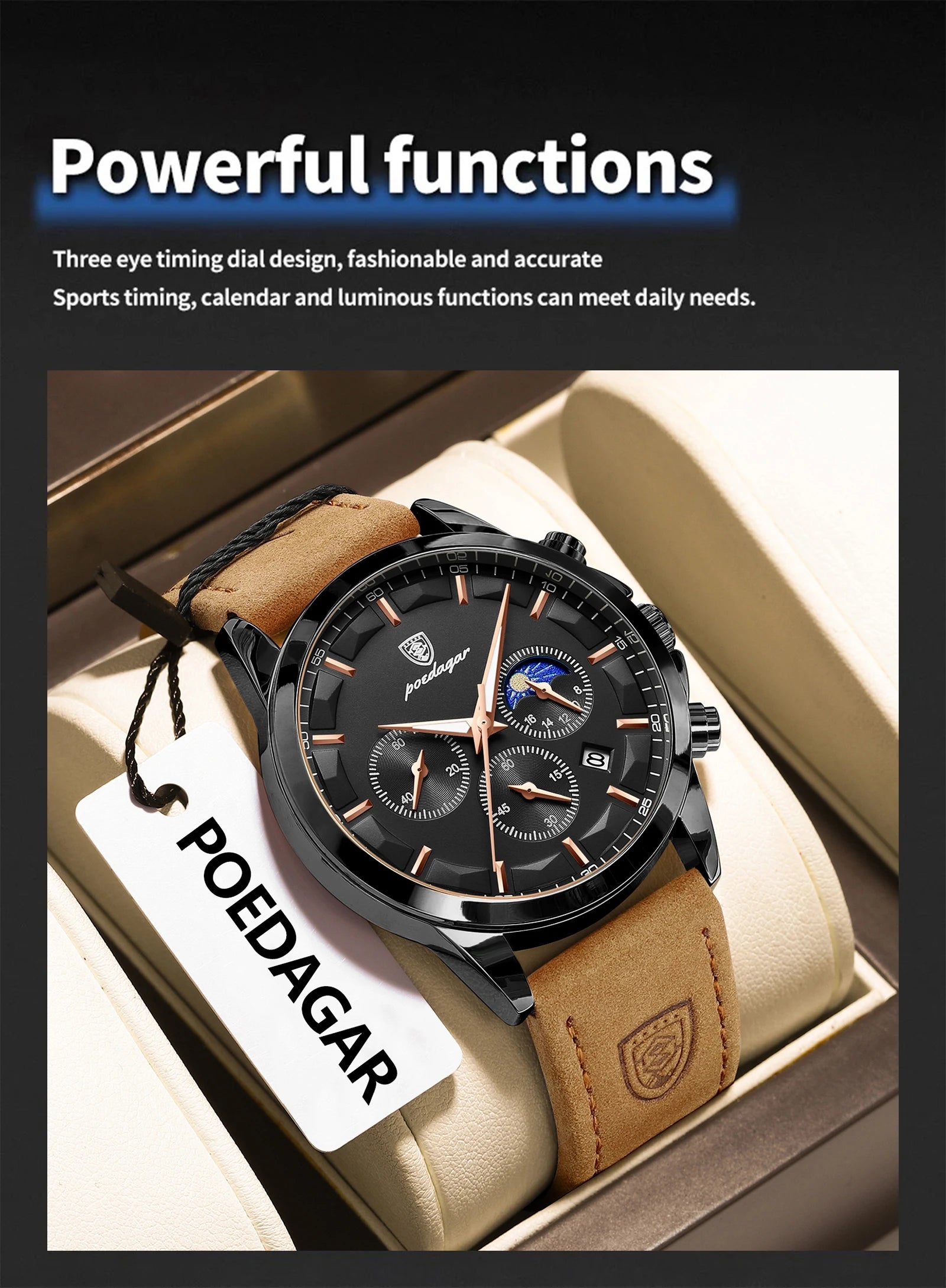 POEDAGAR Luxury Stylish Male Wristwatch Waterproof Chronograph Luminous Date Man Watch Leather Quartz Sports Men's Watches Reloj