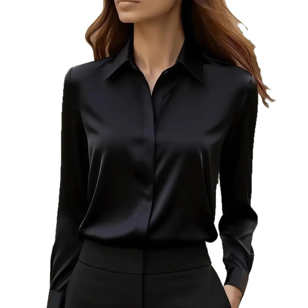Autumn Solid Color Long-sleeved Versatile Shirt Lapel Satin Shirt