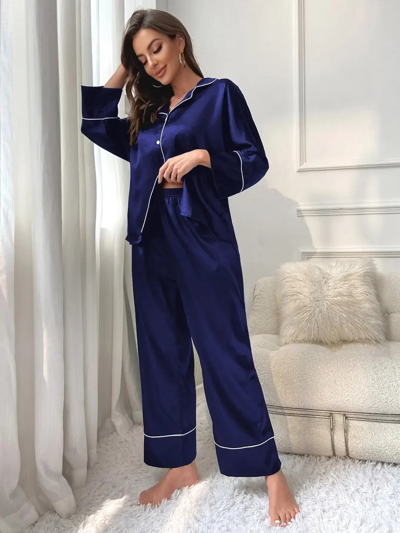 Women's Pajama Set Sleepwear Suit Loungewear Pj Set Satin Long Sleeve Tops With Pants 2 Pieces Pjs Pajamas for Women Pyjama