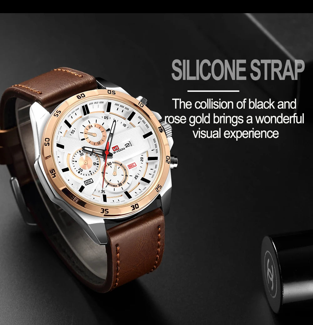 Top Men Watch Sports Style 46mm Large Leather Racing Style Casual Fashion Original Black Rose Gold Calendar Quartz Watch Relogio