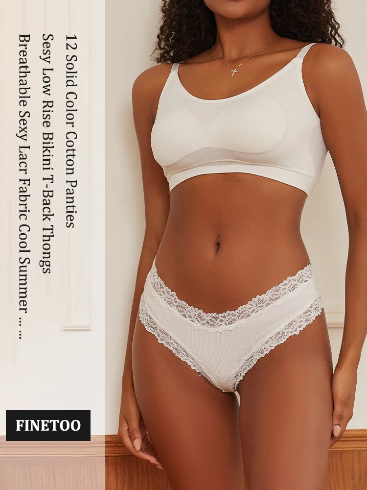 6PCS/Set Sexy Lace Cotton Panties Women Brazilian Panties Ladies Sexy Low Waist Elastic T-Back Bikini Solid Soft Lingerie S-XL
