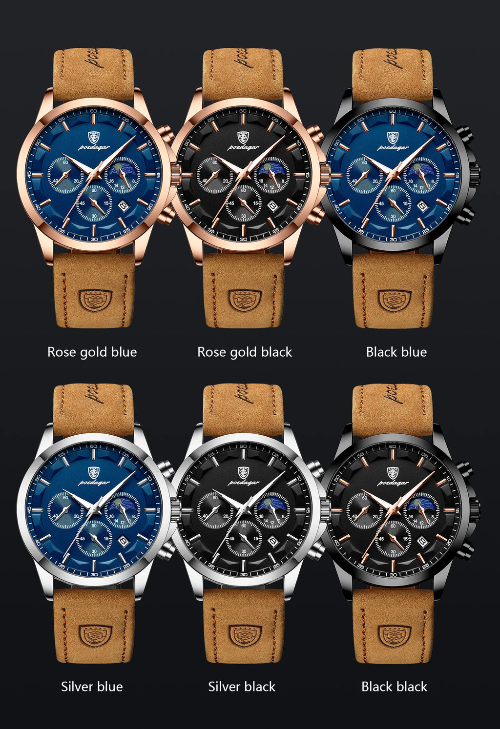POEDAGAR Luxury Stylish Male Wristwatch Waterproof Chronograph Luminous Date Man Watch Leather Quartz Sports Men's Watches Reloj