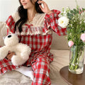 Loose Casual Couple Pajamas Sweet Lace Vintage Red Plaid  Thick  Nightwear Autumn Winter Princess Style Christmas Homewear D711