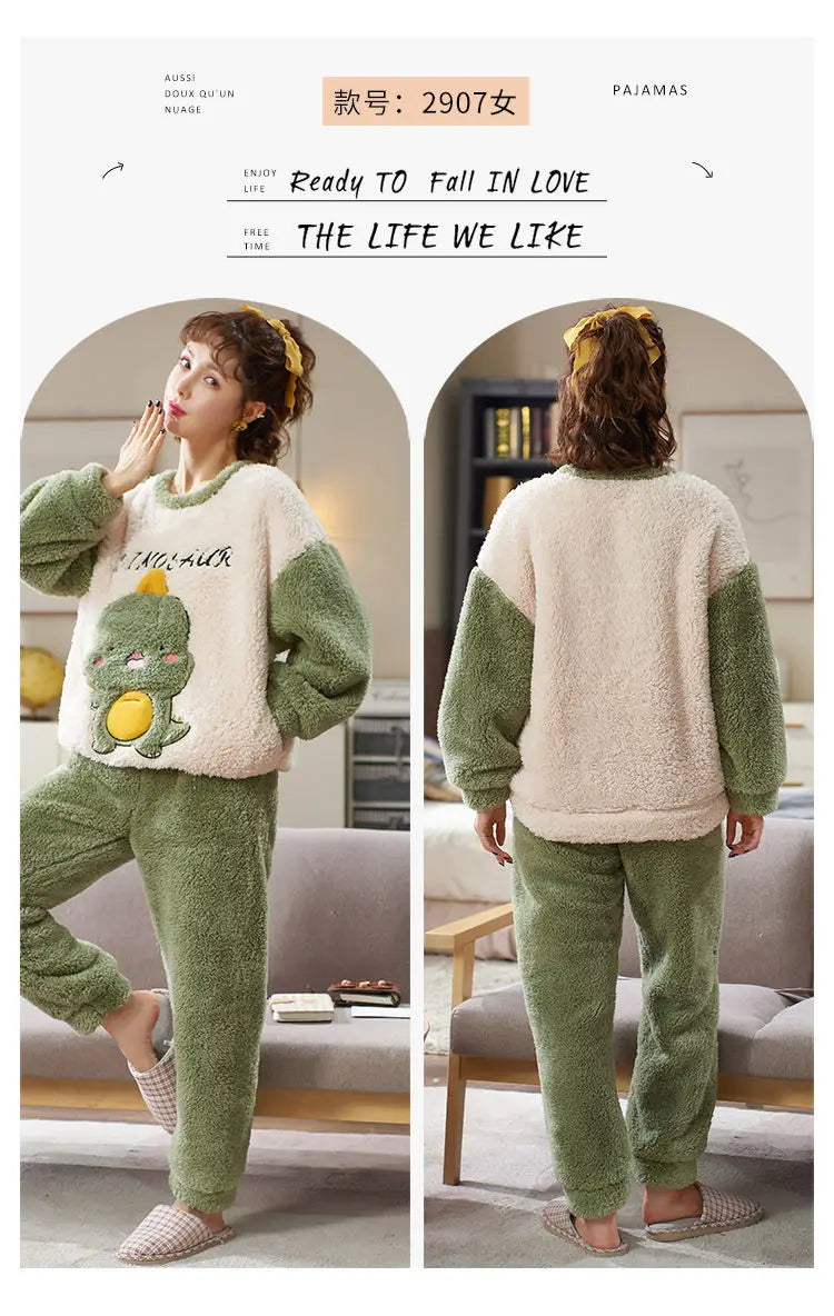 Couples Pajamas Women Men Winter Thicken Pyjamas Sleepwear Cartoon Dinosaur Korean Lovers Homewear Soft Warm Hoodies Pijama